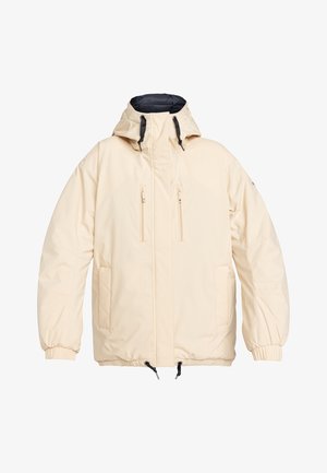 Lichtbeige, gewatteerde jas met een ritssluiting aan de voorkant, elastische manchet en twee ritszakken op de borst. Bevat textiel met een structuur en een zwarte binnenvoering.