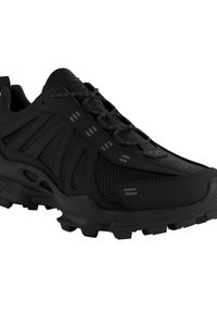 Black athletic shoes with mesh and synthetic materials. Features textured overlays, a padded collar, and rugged rubber outsole for traction.