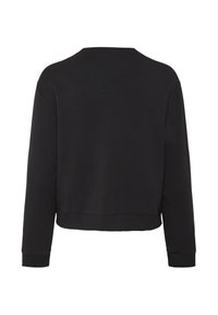 Svart croppad sweatshirt med långa ärmar, rund halsringning och ribbade muddkanter. Mjuk textur med minimal design och inga synliga mönster.