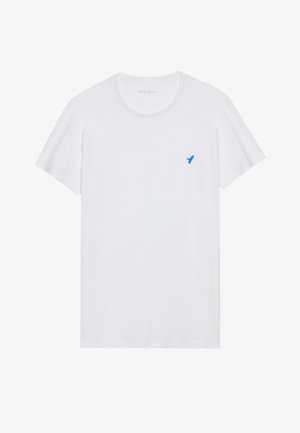 T-shirt blanc à manches courtes en coton, avec un logo d'oiseau brodé bleu sur la poitrine gauche et un design classique à col rond.