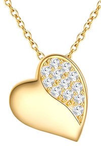 Guld hänge i form av ett hjärta med glittrande klara stenar på ena sidan, och en slät, polerad yta på andra sidan. Kedjans design är länkad.