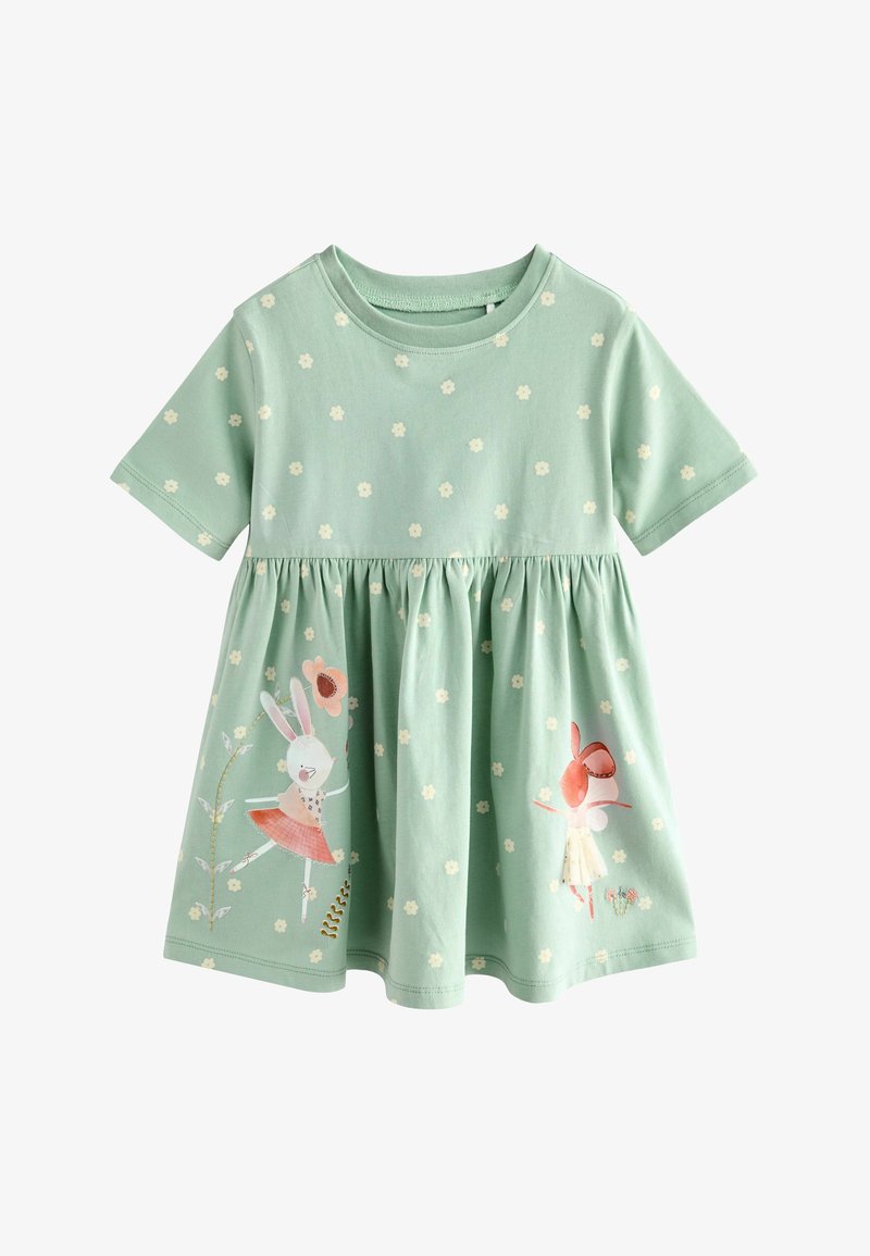 Miętowo-zielona bawełniana sukienka z krótkimi rękawami, zebranym w pasie krojem i kwiatowym nadrukiem. Zawiera grafiki z królikami i kwiatami w pastelowych kolorach.