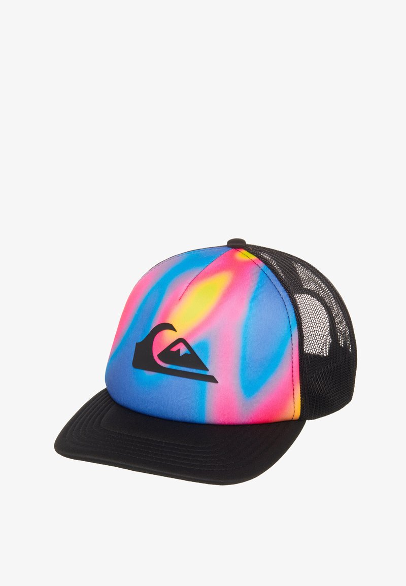 Casquette trucker en maille noire avec un panneau avant multicolore en bleu, rose et jaune, présentant un logo vague de montagne noir.