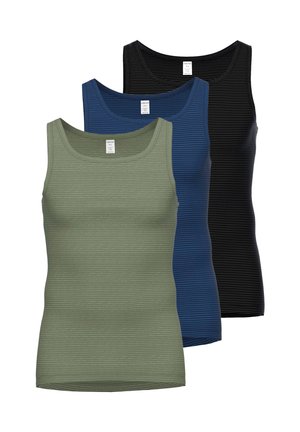 Three sleeveless ribbed tank tops in green, blue, and black colors stacked with visible size tags on a white background.