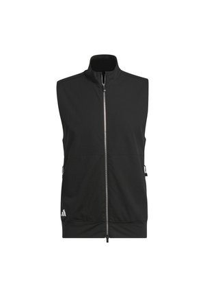 Black sleeveless vest with a high collar, front zipper, two side pockets, and a logo detail at the bottom left. Smooth, lightweight fabric.