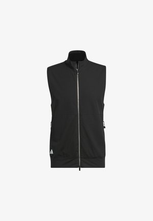 Black sleeveless vest with a high collar, front zipper, two side pockets, and a logo detail at the bottom left. Smooth, lightweight fabric.