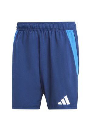 Navy blue athletic shorts with an elastic waistband, light blue side accents, vertical ribbed texture, and white logo on the lower left.