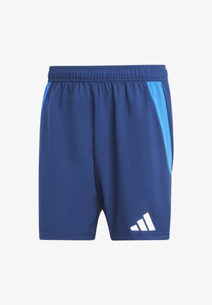 Navy blue athletic shorts with an elastic waistband, light blue side accents, vertical ribbed texture, and white logo on the lower left.