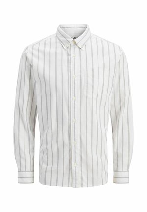 Biele košele s dlhým rukávom a gombíkmi, šedými vertikálnymi pruhmi a jedným vreckom na hrudi. Mäkka látka s golierom a gombíkovým zapínaním.