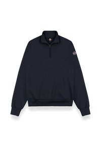 Marineblauer Sweatshirt mit Viertel-Reißverschluss, aus weichem Stoff, mit einem gerippten Kragen und Bündchen, sowie einem runden Logo am linken Ärmel.