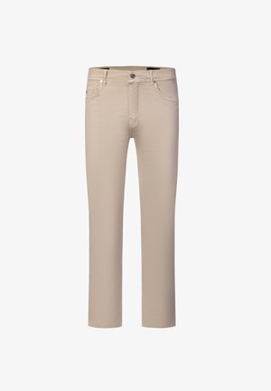 Beige rechte broek met knoop aan de voorkant, ritssluiting, riemlussen en twee voorzakken op een witte achtergrond.