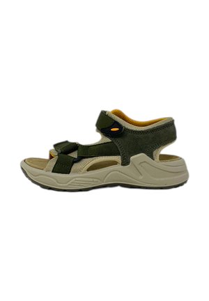 Sandali sportivi verdi e beige con cinturini in velcro, soletta testurizzata, suola robusta e accenti gialli all'interno.