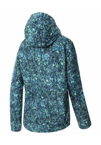 Giacca con cappuccio multicolore caratterizzata da un design a motivi di sfumature blu e verde su un tessuto texturizzato. Include un logo North Face sulla spalla.