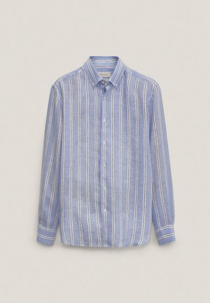 Men's long-sleeve button-up shirt with blue, white, and beige vertical stripes and a button-down collar.