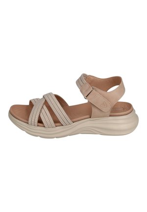 Sandalo beige imbottito con cinturini incrociati in tessuto testurizzato, cinturino alla caviglia regolabile con velcro e suola spessa sagomata per il comfort.