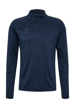 Maglia atletica a manica lunga blu navy con collo a zip a mezza lunghezza, caratterizzata da un motivo testurizzato sulle maniche e un piccolo logo sul petto.