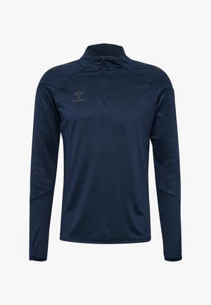 Marineblauw sportief shirt met lange mouwen en een kwart rits aan de hals, met een textuurpatroon op de mouwen en een klein logo op de borst.