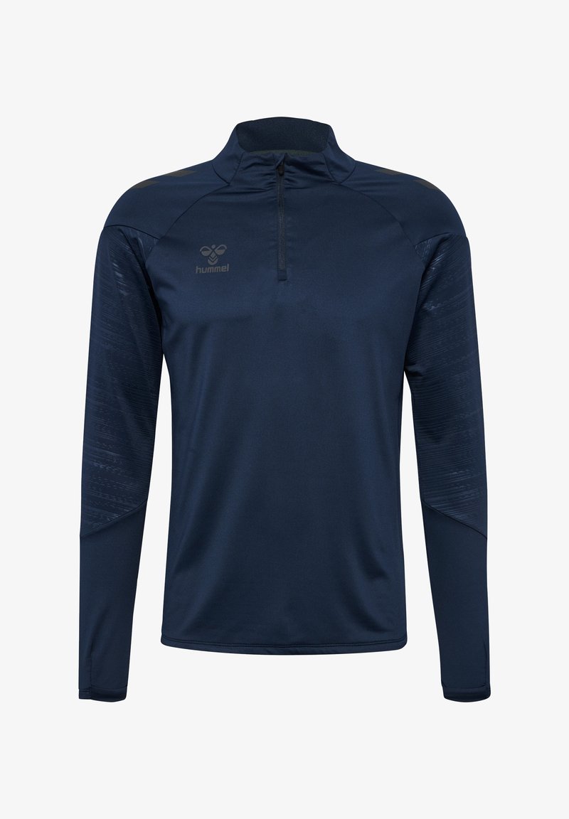 Marineblauw sportief shirt met lange mouwen en een kwart rits aan de hals, met een textuurpatroon op de mouwen en een klein logo op de borst.