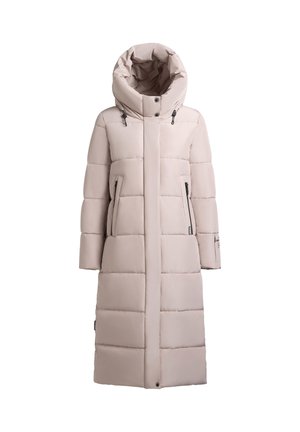 Lungo cappotto imbottito in beige chiaro, con colletto alto, cappuccio, design trapuntato, due tasche laterali con zip e orlo dritto.