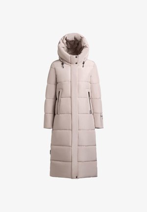 Lungo cappotto imbottito in beige chiaro, con colletto alto, cappuccio, design trapuntato, due tasche laterali con zip e orlo dritto.