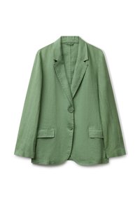 Lněný blazer v jemně zelené barvě s klasickým límcem, zapínáním na dva knoflíky a dvěma předními kapsami, s uvolněným střihem a texturovaným povrchem.