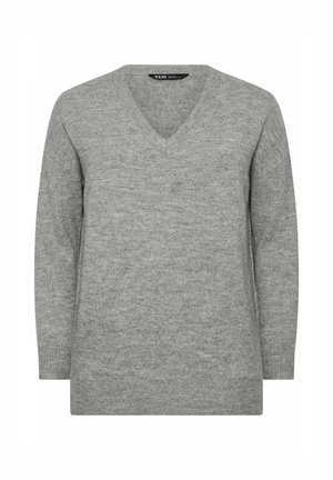 Pull à manches longues en maille gris clair avec col en V et poignets et ourlet côtelés, présenté sur un fond blanc uni.