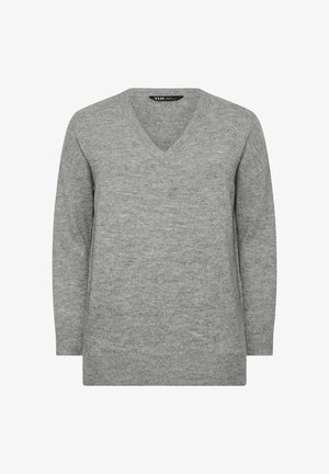 Maglione a maniche lunghe in maglia grigio chiaro con scollo a V e polsini e orlo a coste, mostrato su uno sfondo bianco semplice.