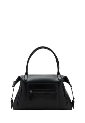 Sac à main en cuir noir avec une forme structurée. Dispose d'une anse supérieure, d'une poche zippée extérieure et de deux zippers latéraux pour un espace de rangement supplémentaire.
