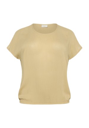 Kurzärmliges gelbes Oberteil mit rundem Halsausschnitt, aus leichtem Stoff; hat einen leicht gerafften Saum für einen lässigen Sitz.