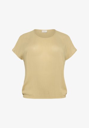 Kratka majica z rumeno barvo in okroglim izrezom, narejena iz lahkega materiala; ima rahlo nabrano dno za sproščen kroj.