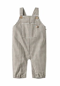 Brązowo-biała ogrodniczka w kratę z regulowanymi paskami, drewnianymi guzikami i przednią kieszenią; elastyczne mankiety przy kostkach. Materiał bawełniany.