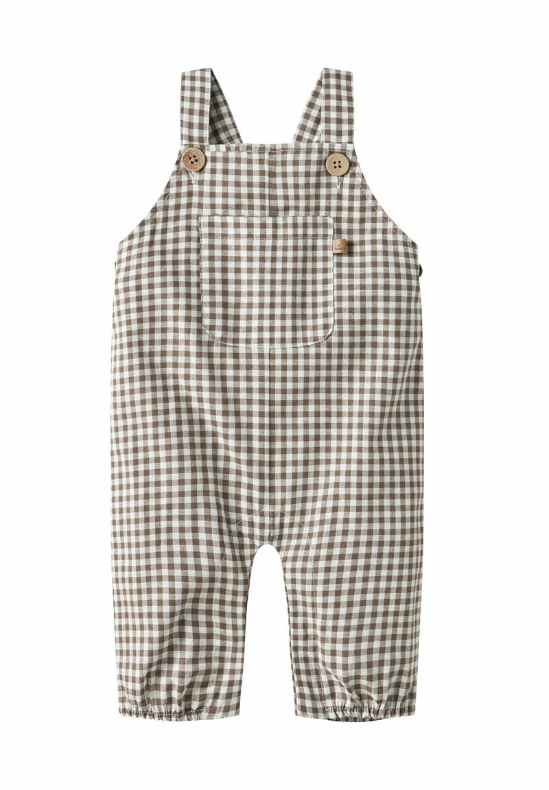 Brązowo-biała ogrodniczka w kratę z regulowanymi paskami, drewnianymi guzikami i przednią kieszenią; elastyczne mankiety przy kostkach. Materiał bawełniany.