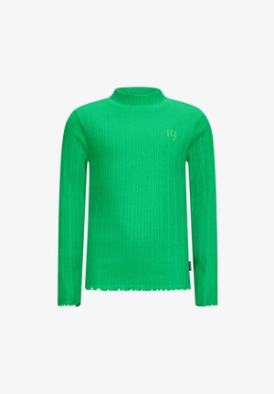 Grüner gerippter Pullover mit Stehkragen, langen Ärmeln und ausgefranstem Saum. Mit einem dezenten, bestickten "RJ"-Logo auf der Vorderseite.