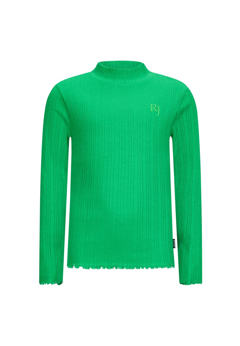 Maglione verde a costine con colletto alto, maniche lunghe e orlo sfilacciato. Presenta un discreto logo ricamato "RJ" sul davanti.