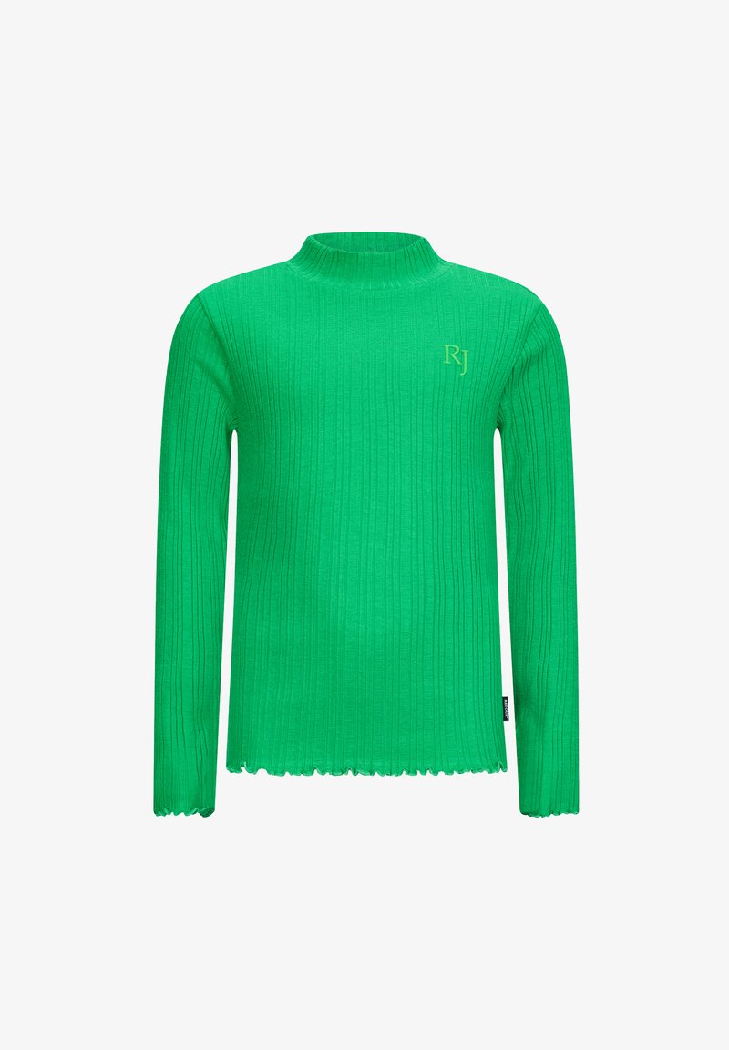 Maglione verde a costine con colletto alto, maniche lunghe e orlo sfilacciato. Presenta un discreto logo ricamato "RJ" sul davanti.