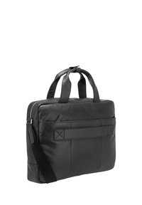 Black leather laptop bag with a rectangular shape, dual handles, adjustable shoulder strap, and front pocket with crisscross accent stitching.