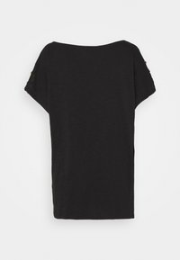Black short-sleeve t-shirt with a loose fit, crew neckline, and side slits. Made from a soft, textured fabric. No visible patterns or embellishments.