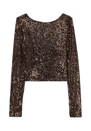 Bruine sequined lange mouwen top met een ronde hals en cropped ontwerp, met een gladde textuur en reflecterend oppervlak.