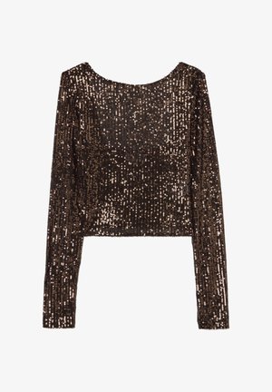 Bruine sequined lange mouwen top met een ronde hals en cropped ontwerp, met een gladde textuur en reflecterend oppervlak.
