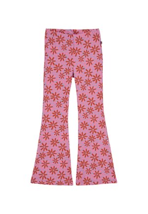 Różowe dzwony z czerwonym kwiatowym wzorem na całej powierzchni i elastycznym pasem.