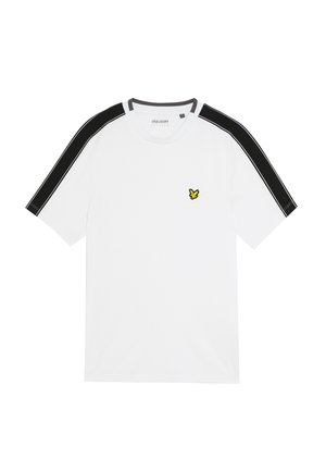 Witte t-shirt met korte mouwen met zwarte gestreepte schouders en een klein geel vlinderlogo op de borst. Gemaakt van zachte, ademende stof.