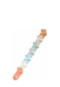 Sæt af otte par ankelstrømper i pastelfarver: fersken, creme, lys blå, grå og mintgrøn. Glat tekstur, ribbet manchet.