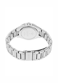 Silberner Edelstahlarmbanduhr mit glänzender Oberfläche, ausgestattet mit einem Gliederarmband, runder Gehäuseform und einer glatten Textur. Eingravierter Boden.