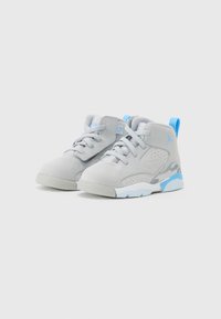 Grey athletic shoes with light blue accents, featuring a suede-like material, round toe, and perforated sides for breathability.