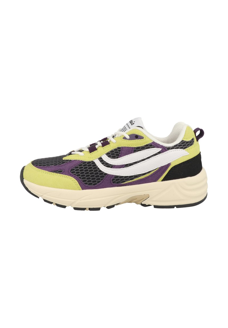 Scarpa sportiva con tomaia in rete nera e dettagli in suede verde lime, viola e bianco. Suola intermedia spessa di colore crema con suola esterna in gomma nera.
