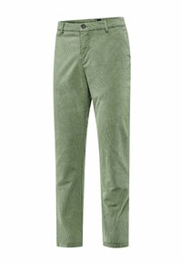 Groene corduroy broek met verticale ribbeltextuur, voorzien van een knoopsluiting, zijzakken en een getailleerde pasvorm.