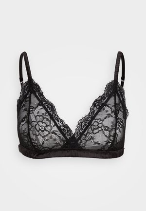 Czarny koronkowy biustonosz typu bralette z kwiatowym wzorem, miękkimi miseczkami, regulowanymi ramiączkami i satynową opaską. Przezroczysty materiał z misternymi szczegółami.