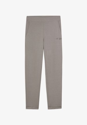 Pantaloni della tuta color grigio chiaro, aderenti, con tasche frontali e piccolo dettaglio testuale "FREDDY" sulla coscia destra.