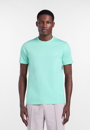 Uomo che indossa una maglietta verde menta a maniche corte semplice e pantaloni grigio chiaro, in piedi su sfondo bianco.