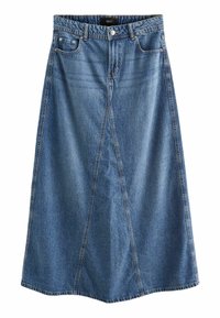 Denim skirt in light blue, featuring a flared design, front pockets, and a button closure. Stitching visible along the seams.